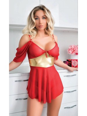 Ulugo Sarı Kuşak Detaylı Fantezi Kırmızı Gecelik