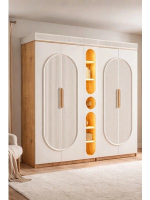 Setay Dolap, Athena 4 Kapaklı Ledli Kitaplıklı Gardırop