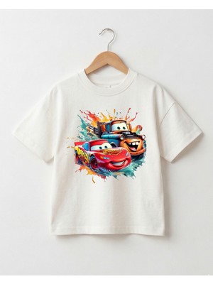 Babytex Unisex Bisiklet Yaka Araba Baskılı %100 Pamuklu Oversize Tişört Bebek-Çocuk