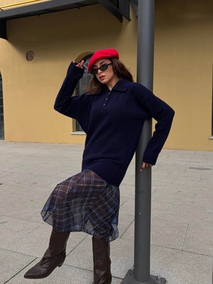 Minaaise Kadın Lacivert Polo Yaka Kazak Tunik Boy 7036