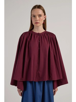 Minaaise Kısa Oversize Büzgülü Poplin Bluz Bordo