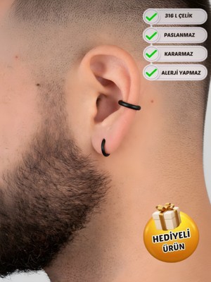PremiumPort Unisex Çelik 2'li Set Halka Küpe Sıkıştırmalı Earcuff Paslanmaz Sağlam