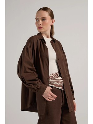Minaaise Oversize Poplin Basic Gömlek Kahve
