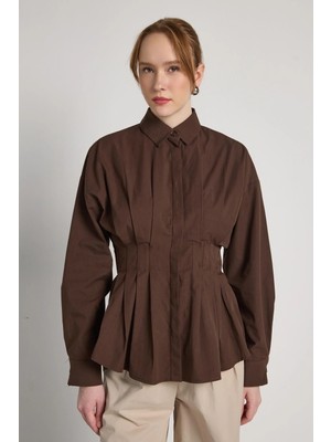 Minaaise Pileli Poplin Gömlek Kahve