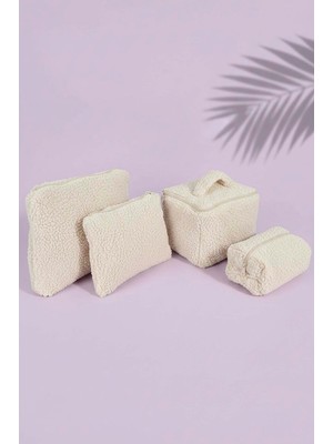 Ekru Teddy 4’lü Makyaj & Aksesuar Çanta Seti