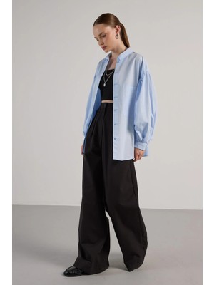 Minaaise Oversize Poplin Basic Gömlek Mavi