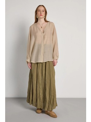 Minaaise V Yakalı Oversize Gömlek Taş