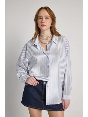 Minaaise Oversize Taşlı Çizgili Gömlek Mavi