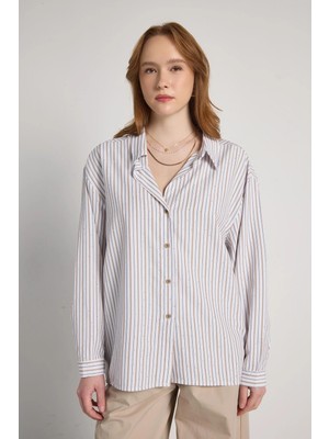 Minaaise Oversize Taşlı Çizgili Gömlek Vizon