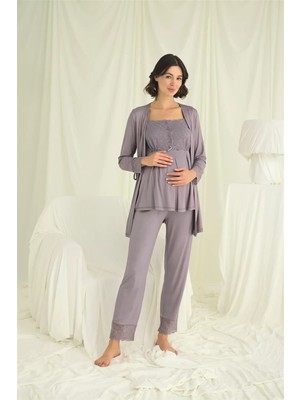 Ulugo Dantelli Önü Düğmeli Hamile Lohusa 3'lü Pijama Takımı