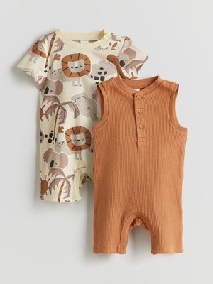 LC Waikiki Lcw Baby Kahverengi Bisiklet Yaka Erkek Bebek Kaşkorse Tulum 2'li