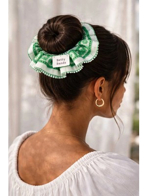 Betty Bands Pembe Çizgili Dantel Kenar Büyük Boy Scrunchie Hacimli Topuz Tokası, Şık Saç Aksesuarı