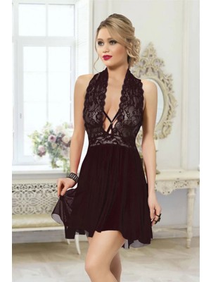 Ulugo Kadın Siyah Çapraz Bağlı Kısa Tül Dantel Gecelik