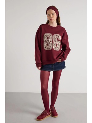 Minaaise Nakışlı 3 Iplik Şardonlu Sweatshirt Bordo