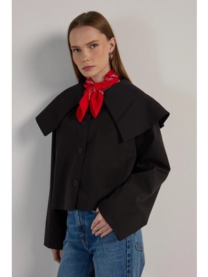 Minaaise Geniş Yaka Kısa Astarlı Trençkot Siyah