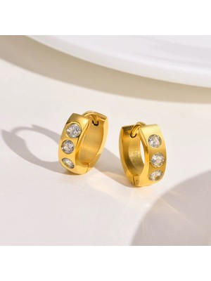 PremiumPort Parlak Zirkon Taşlı Çelik Sıralı Minimal Halka Küpe 14 mm