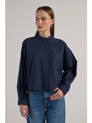 Minaaise Kısa Oversize Poplin Bluz Lacivert