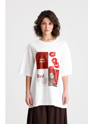 Minaaise Oversize Baskılı T-shirt Ekru