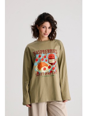 Minaaise Baskılı Uzun Oversize T-shirt Haki