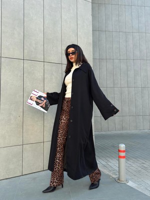 Minaaise Uzun Astarlı Trençkot Siyah