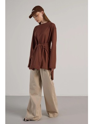 Minaaise Geniş Kol Oversize Basic T-Shirt Kahve