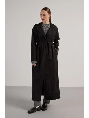 Minaaise Kemerli Uzun Süet Trençkot Siyah