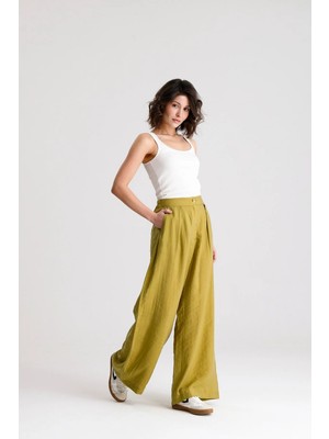 Minaaise Kadın Yağ Yeşili Premium Tensel Kumaş Palazzo Pantalon 31074