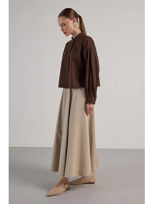 Minaaise Kısa Oversize Poplin Bluz Kahve