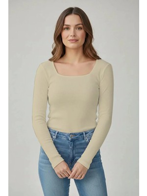 CHEISU Kadın Ekru Uzun Kollu Kare Yaka T-Shirt Bluz Kaşkorse Fitilli