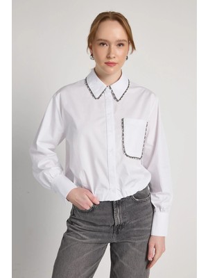 Minaaise Inci Detaylı Premium Poplin Bluz Beyaz