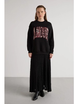 Minaaise Leopar Nakışlı 3 Iplik Şardonlu Sweatshirt Siyah