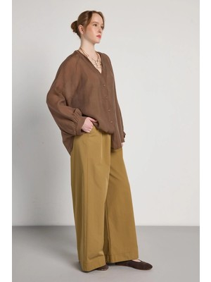 Minaaise V Yakalı Oversize Gömlek Kahverengi