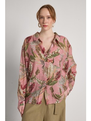 Minaaise Oversize V Yaka Çiçek Desenli Gömlek Pembe