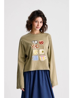 Minaaise Oversize Baskılı T-shirt Haki
