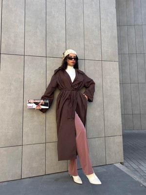 Minaaise Uzun Astarlı Trençkot Kahve