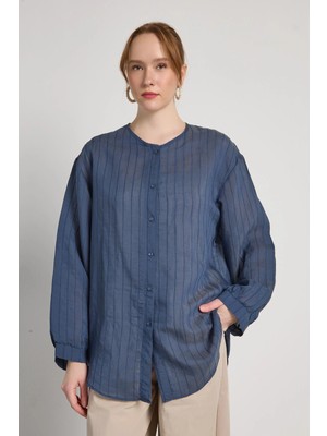 Minaaise Oversize Yakasız Gömlek Lacivert