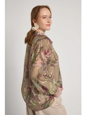 Minaaise Oversize V Yaka Çiçek Desenli Gömlek Haki