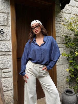 Minaaise  Taşlı Oversize  Tencel Gömlek Lacivert