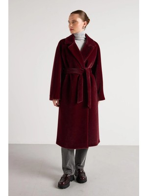 Minaaise Pelüş Astarlı Uzun Kemer Detaylı Kaban Bordo