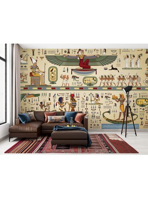 Lotus Aura Mısır Desenli Duvar Kağıdı, Hiyeroglif Figürlü Modern Duvar Posteri