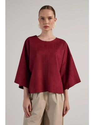 Minaaise Kısa Fermuarlı Süet Bluz Bordo