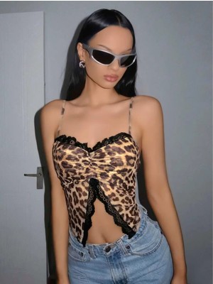 bebekokusu Kadın Leopar Desenli Crop Önden Dantel Detaylı 5095