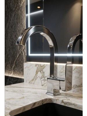 Kustar Kare Krom Lavabo Bataryası – Tek Kollu Aç Kapa Musluk | Modern Lüks Tasarım | Profil Paslanmaz