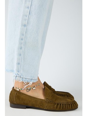 Manijero Tuubi Kadın Hakiki Deri Pileli Loafer Zetin Yeşili Ayakkabı