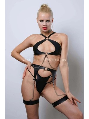 bebekokusu Deri Fantezi Iç Giyim Takım, Şık Deri Harness Set, Club Wear - APFT1330