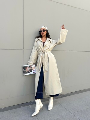 Minaaise Uzun Astarlı Trençkot Taş