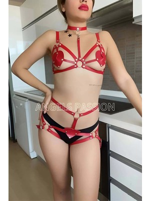 bebekokusu Kalp Detaylı Kırmızı Deri Harness Takım - BRF467