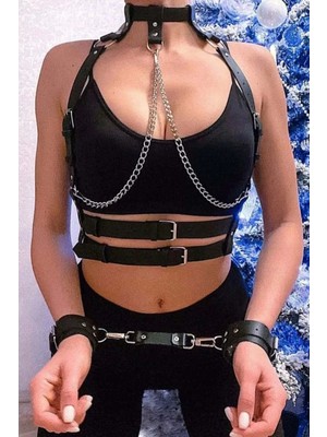 bebekokusu Zincirli Göğüs Detaylı Fantezi Kelepçeli Deri Harness - BRF720-S1