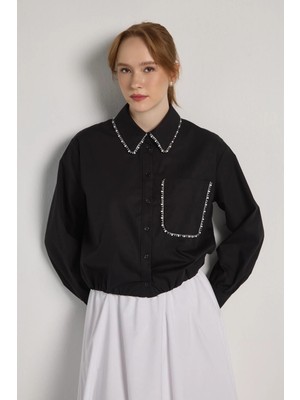 Minaaise Inci Detaylı Premium Poplin Bluz Siyah