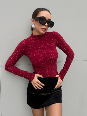 Minaaise Örme Kumaş Taşlı Bluz Bordo